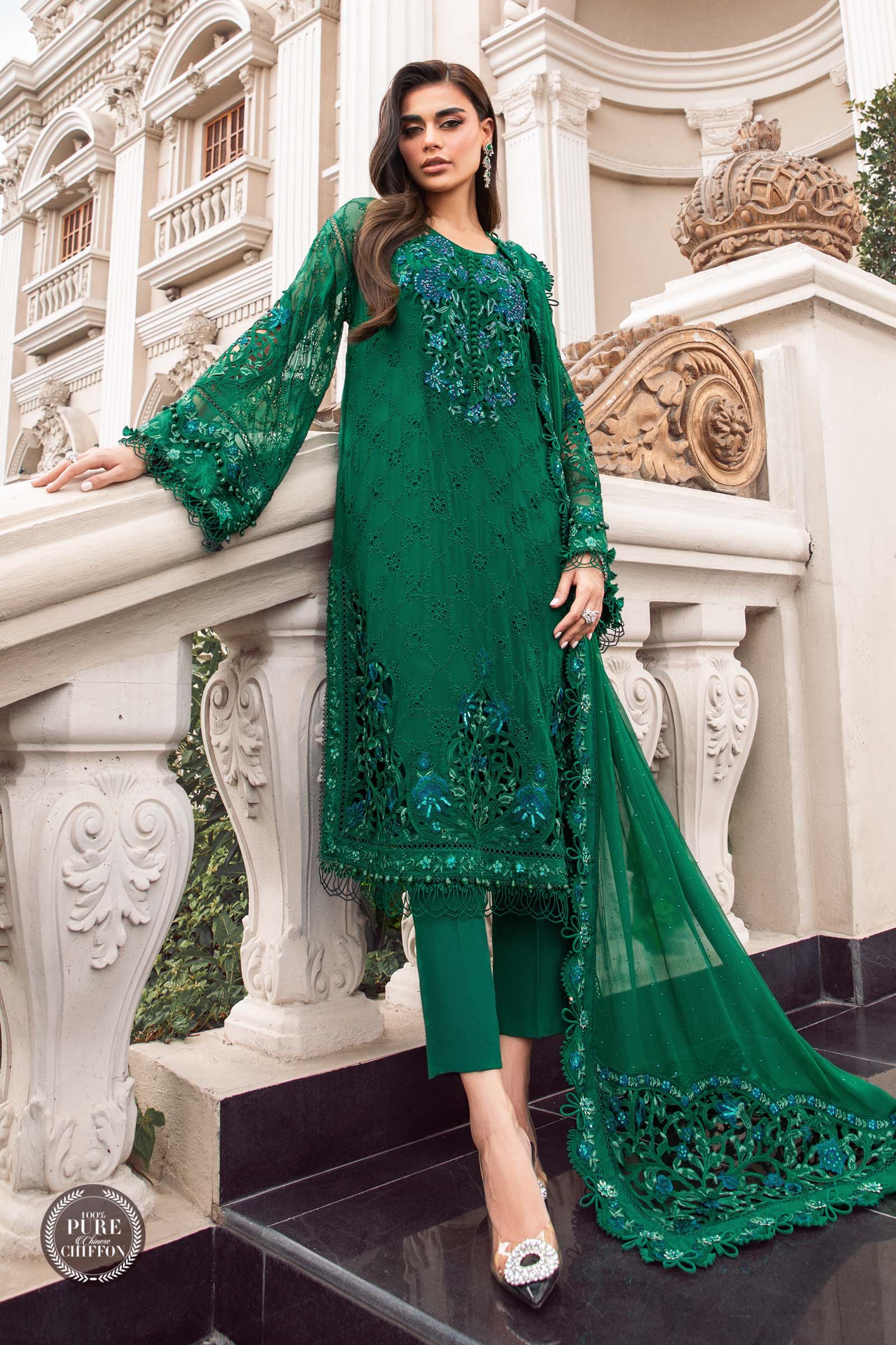 Unstitched Chiffon Emerald Green - HS - 0101