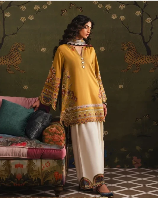 3pcs Dhanak Ethnic Yellow Mustard Embroidered - HS - 0114
