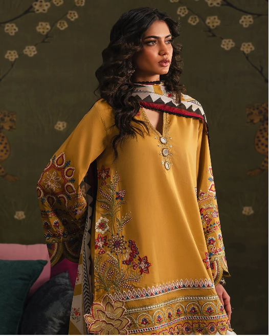 3pcs Dhanak Ethnic Yellow Mustard Embroidered - HS - 0114