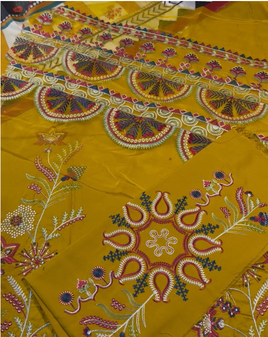 3pcs Dhanak Ethnic Yellow Mustard Embroidered - HS - 0114