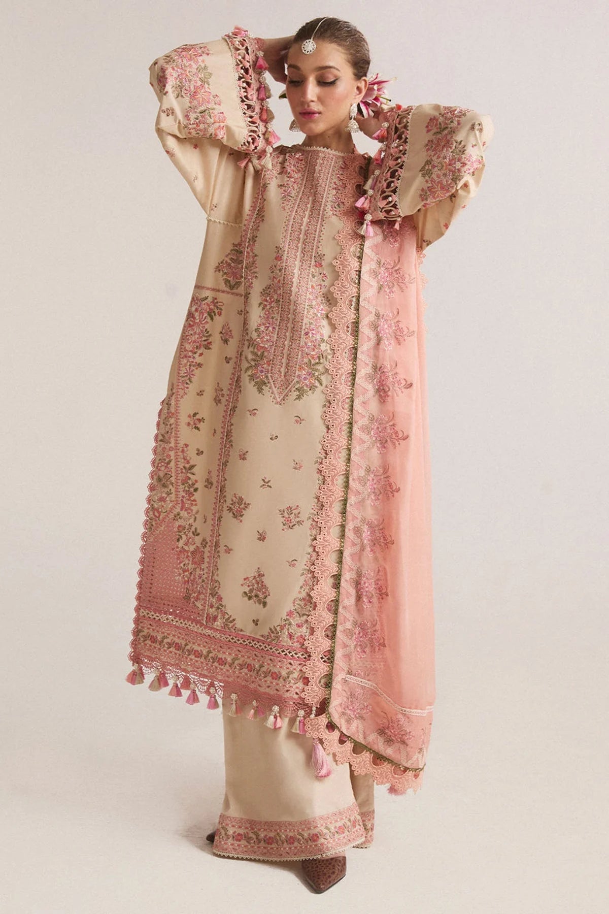 Hussain Rehar 3PC Embroidered Dhanak Suit with Printed Chiffon Dupatta - HS - 0106