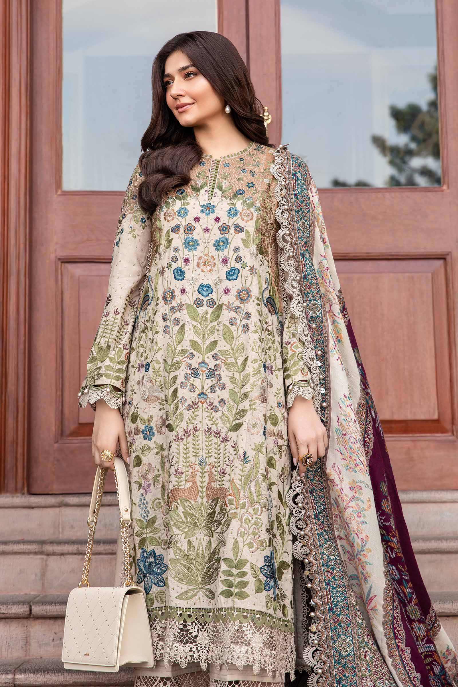 3 Piece Unstitched Embroidered Dhanak Suit - HS - 0100