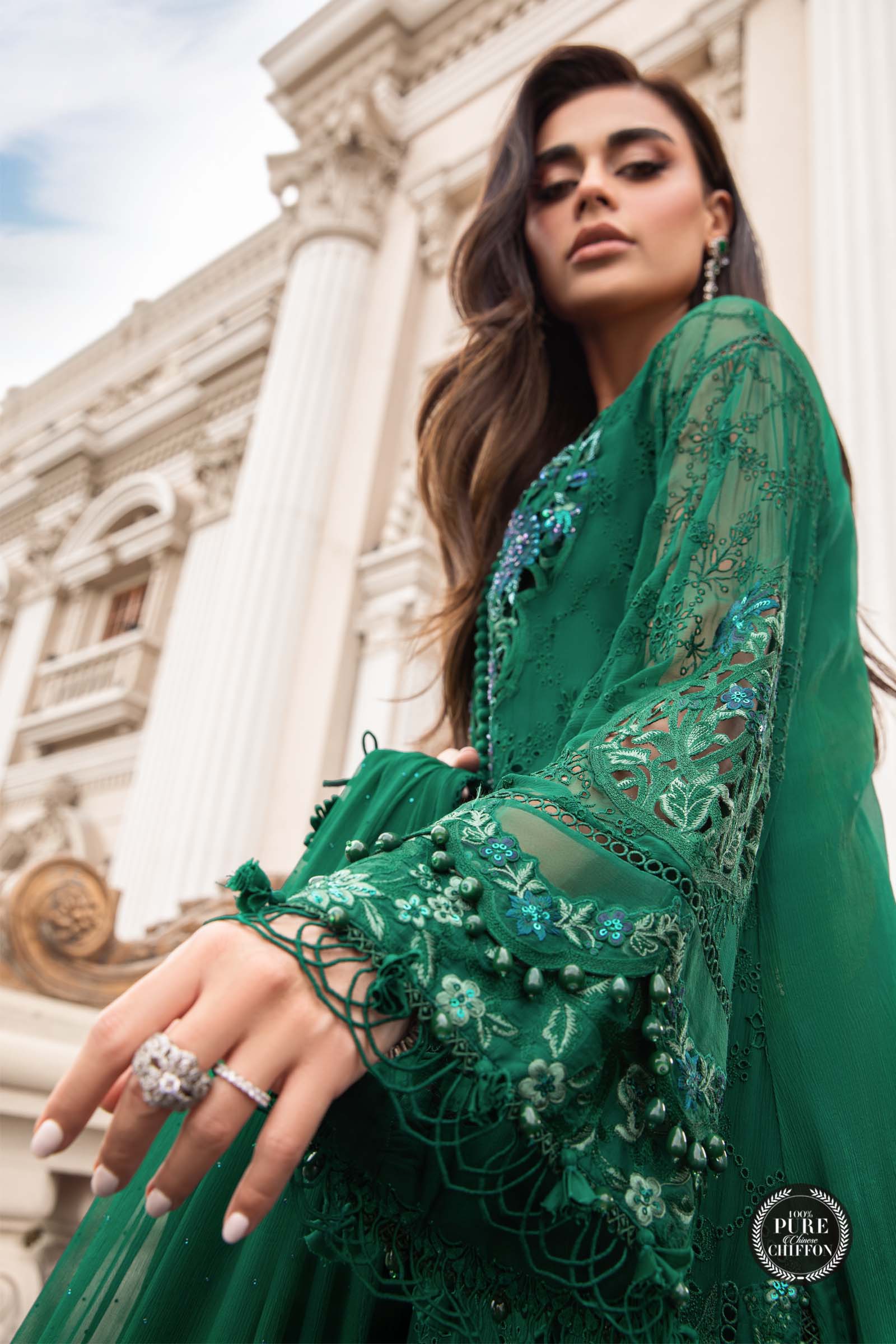 Unstitched Chiffon Emerald Green - HS - 0101
