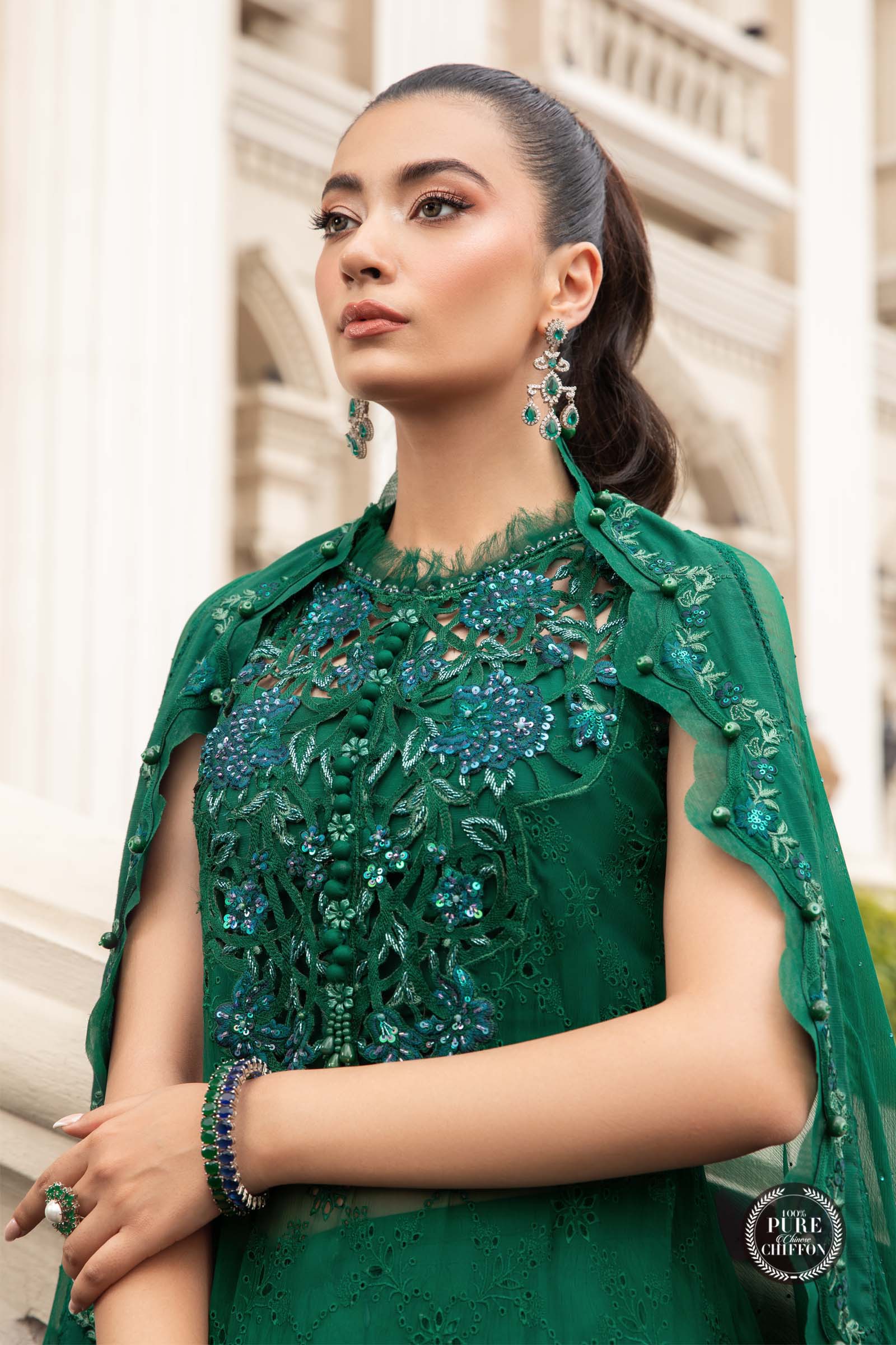 Unstitched Chiffon Emerald Green - HS - 0101