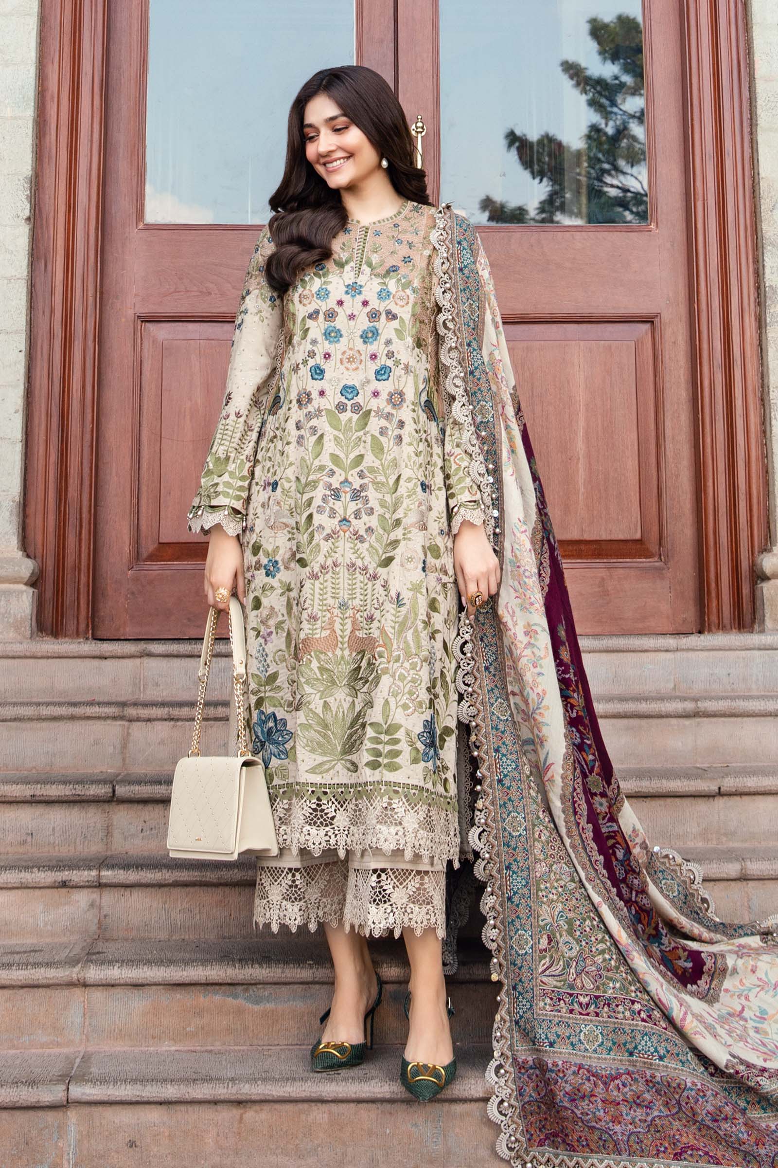 3 Piece Unstitched Embroidered Dhanak Suit - HS - 0100