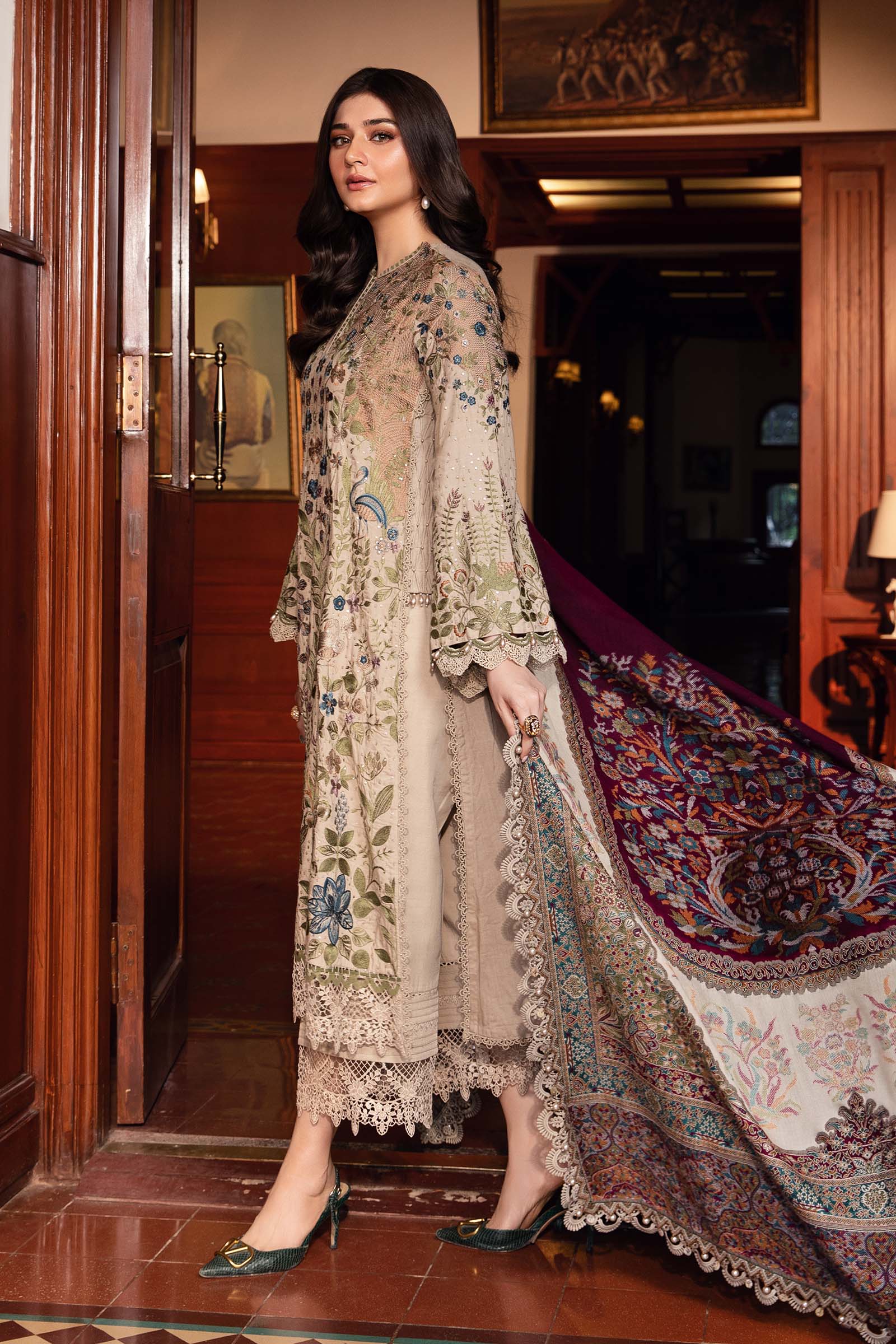 3 Piece Unstitched Embroidered Dhanak Suit - HS - 0100