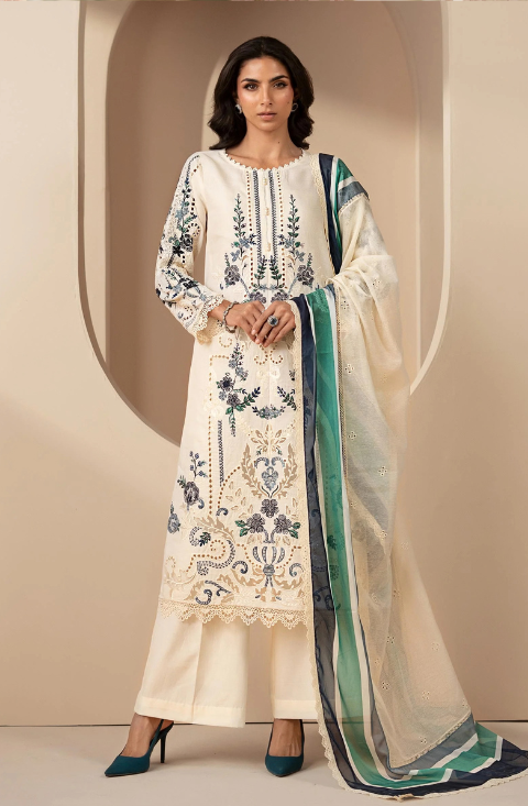 3 Piece Embroidered Jacquard Dhanak Suit - HS - 0109