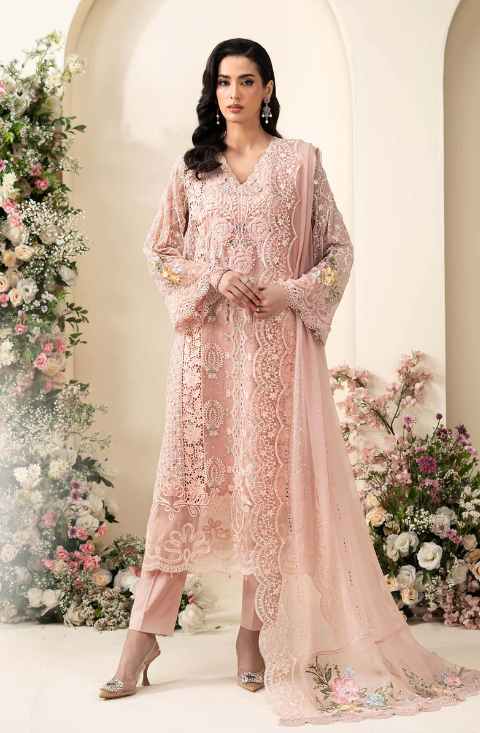 3 Piece Embroidered Chiffon Suit - HS - 0103
