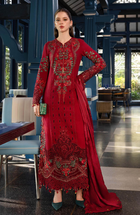 3 Piece Unstitched Embroidered Jacquard Dhanak Suit - HS - 098