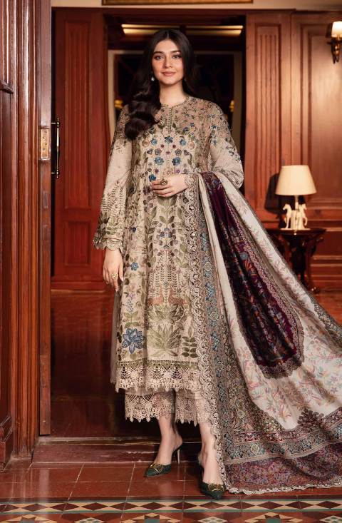 3 Piece Unstitched Embroidered Dhanak Suit - HS - 0100